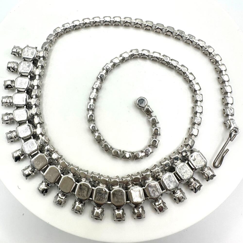 1950s vintage silver tone clear Montana blue glass rhinestones swag necklace - Picture 7 of 8